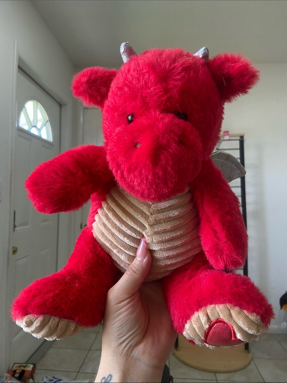 Russ Plush Red Dragon with Tan Corduroy Belly and Silver Wings
